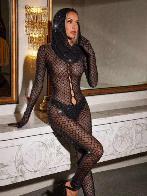 Embellishment*Embellishment Qyxalith Long Sleeve Mesh Jumpsuit