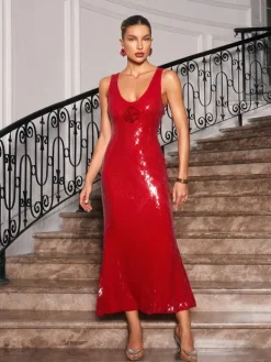 Dresses | Maxi Dresses*Mew Mews Fashion Radana Plunge Neck Flower Sequin Dress In Red