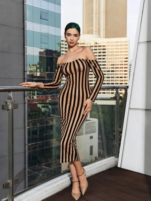 Dresses*Mew Mews Fashion Rhya Off Shoulder Stripe Mesh Dress