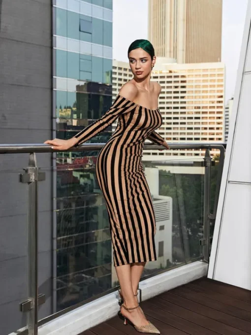 Dresses*Mew Mews Fashion Rhya Off Shoulder Stripe Mesh Dress