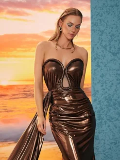 Dresses*Mew Mews Fashion Rina Strapless Metallic Draped Maxi Dress