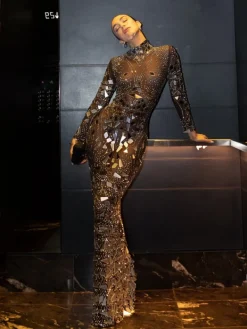 Embellishment | Dresses*Embellishment Rosina Long Sleeve Acrylic Mesh Maxi Dress
