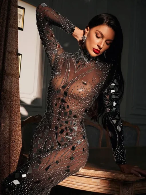 Embellishment | Dresses*Embellishment Rosina Long Sleeve Acrylic Mesh Maxi Dress