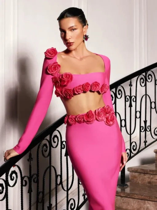 Sets & Co-ords*Bandage Rufus Flower Skirt Set In Hot Pink