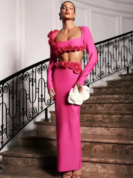 Sets & Co-ords*Bandage Rufus Flower Skirt Set In Hot Pink