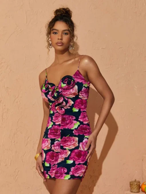Dresses*Mew Mews Fashion Sachi Rose Printed Ruched Mini Dress