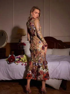 Dresses | Midi Dresses*Mew Mews Fashion Saige Long Sleeve Mesh Flower Mermaid Dress In Blush