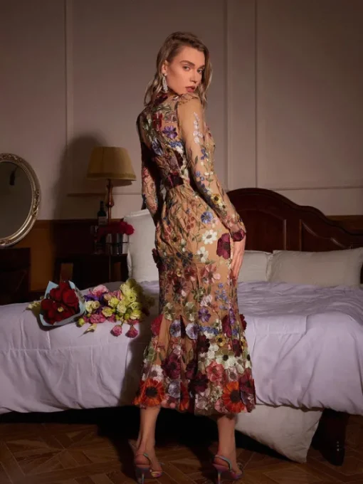 Dresses | Midi Dresses*Mew Mews Fashion Saige Long Sleeve Mesh Flower Mermaid Dress In Blush