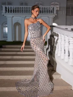 Embellishment | Dresses*Embellishment Sean Strapless Rhinestone Mesh Maxi Dress