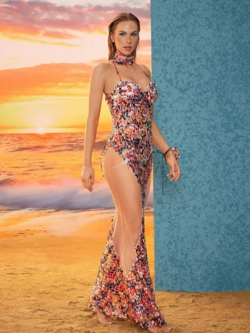 Dresses*Mew Mews Fashion Seiji Spaghetti Sequin Mesh Maxi Dress