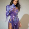 Bodysuits | Tops*Jiu Bajia O/S Shatora One Shoulder Rhinestone Fringe Bodysuit In Purple