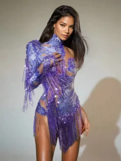 Bodysuits | Tops*Jiu Bajia O/S Shatora One Shoulder Rhinestone Fringe Bodysuit In Purple