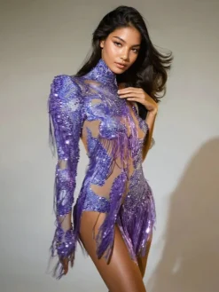 Bodysuits | Tops*Jiu Bajia O/S Shatora One Shoulder Rhinestone Fringe Bodysuit In Purple