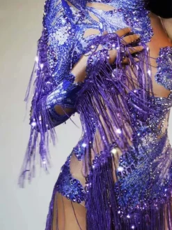 Bodysuits | Tops*Jiu Bajia O/S Shatora One Shoulder Rhinestone Fringe Bodysuit In Purple