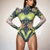 Bodysuits | Tops*Jiu Bajia O/S Shatoya Long Sleeve Rhinestone Printed Bodysuit