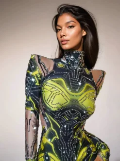Bodysuits | Tops*Jiu Bajia O/S Shatoya Long Sleeve Rhinestone Printed Bodysuit
