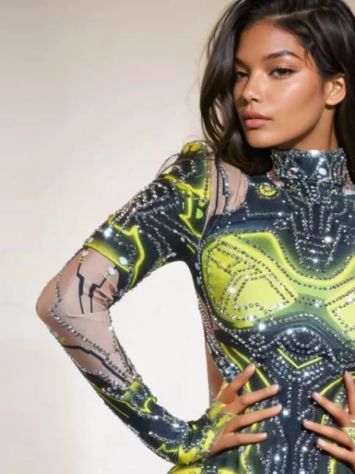 Bodysuits | Tops*Jiu Bajia O/S Shatoya Long Sleeve Rhinestone Printed Bodysuit