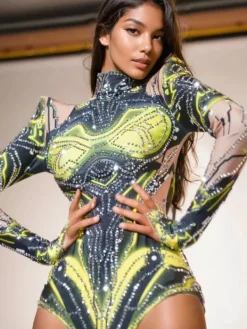 Bodysuits | Tops*Jiu Bajia O/S Shatoya Long Sleeve Rhinestone Printed Bodysuit