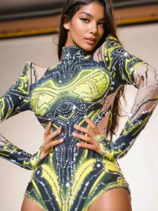 Bodysuits | Tops*Jiu Bajia O/S Shatoya Long Sleeve Rhinestone Printed Bodysuit