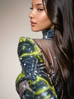 Bodysuits | Tops*Jiu Bajia O/S Shatoya Long Sleeve Rhinestone Printed Bodysuit