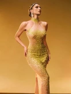 Dresses | Maxi Dresses*Jiu Bajia O/S Shawnette Ombre Halterneck Rhinestone Maxi Dress In Yellow