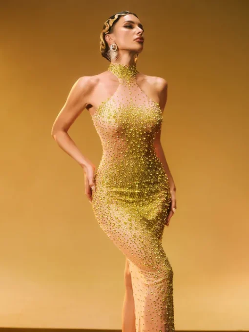 Dresses | Maxi Dresses*Jiu Bajia O/S Shawnette Ombre Halterneck Rhinestone Maxi Dress In Yellow