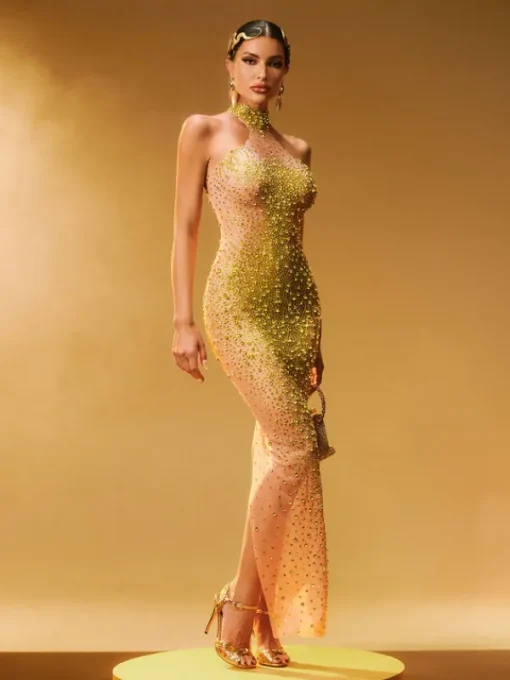 Dresses | Maxi Dresses*Jiu Bajia O/S Shawnette Ombre Halterneck Rhinestone Maxi Dress In Yellow