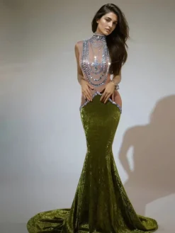 Dresses | Maxi Dresses*Jiu Bajia O/S Shelyn Rhinestone Velvet Mermaid Maxi Dress