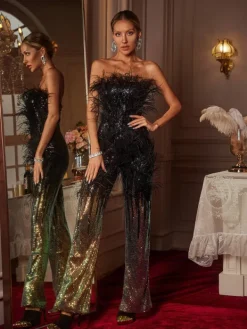 Jumpsuits & Romper*Mew Mews Fashion Shiva Ombre Feather Sequin Jumpsuit