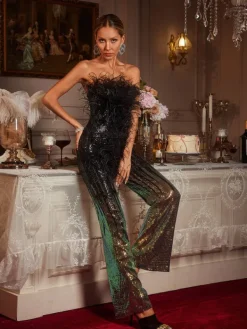 Jumpsuits & Romper*Mew Mews Fashion Shiva Ombre Feather Sequin Jumpsuit