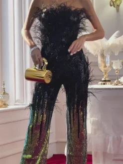 Jumpsuits & Romper*Mew Mews Fashion Shiva Ombre Feather Sequin Jumpsuit