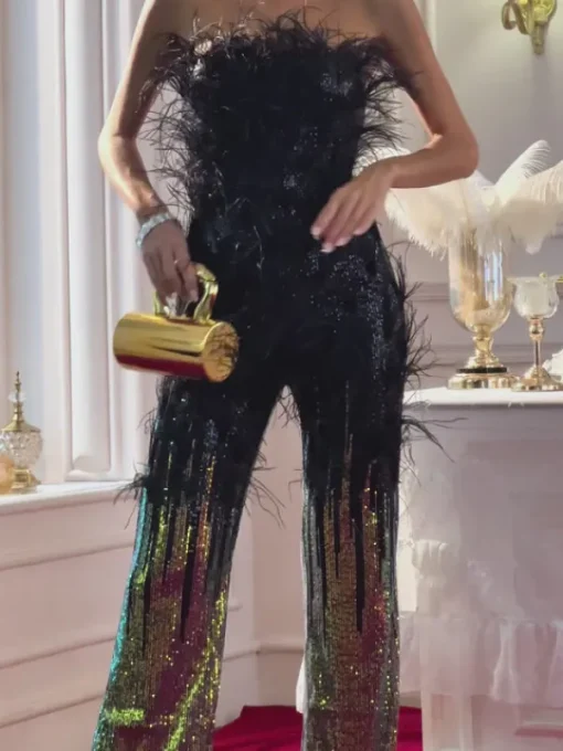 Jumpsuits & Romper*Mew Mews Fashion Shiva Ombre Feather Sequin Jumpsuit