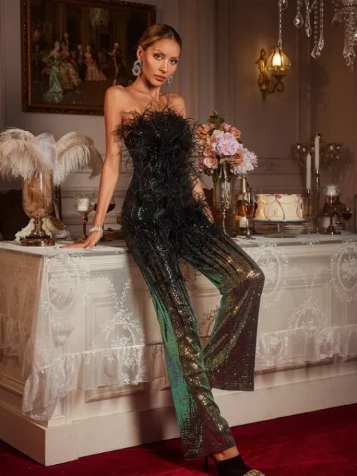 Jumpsuits & Romper*Mew Mews Fashion Shiva Ombre Feather Sequin Jumpsuit