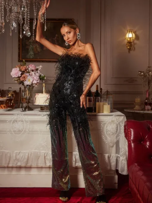 Jumpsuits & Romper*Mew Mews Fashion Shiva Ombre Feather Sequin Jumpsuit