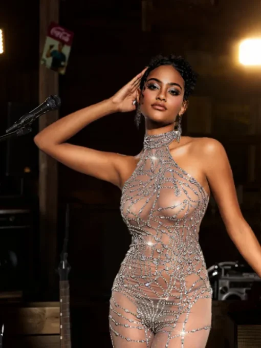 Embellishment | Jumpsuits & Romper*Nuo Fansi Siesen Turtleneck Cobweb Rhinestone Mesh Jumpsuit