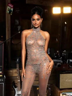 Embellishment | Jumpsuits & Romper*Nuo Fansi Siesen Turtleneck Cobweb Rhinestone Mesh Jumpsuit