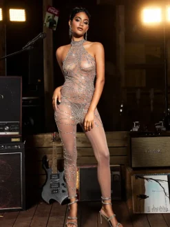 Embellishment | Jumpsuits & Romper*Nuo Fansi Siesen Turtleneck Cobweb Rhinestone Mesh Jumpsuit