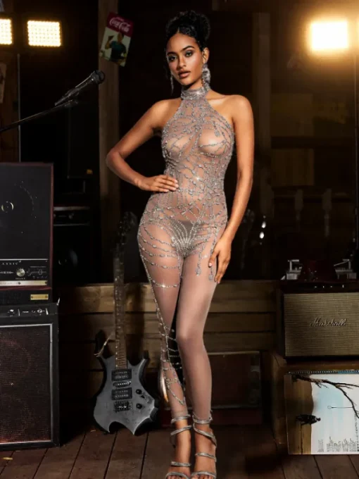Embellishment | Jumpsuits & Romper*Nuo Fansi Siesen Turtleneck Cobweb Rhinestone Mesh Jumpsuit