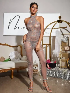 Embellishment | Jumpsuits & Romper*Nuo Fansi Siesen Turtleneck Cobweb Rhinestone Mesh Jumpsuit