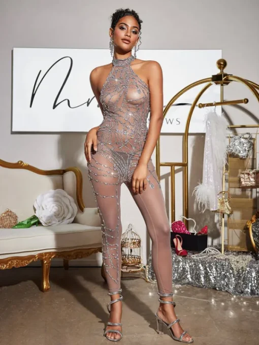 Embellishment | Jumpsuits & Romper*Nuo Fansi Siesen Turtleneck Cobweb Rhinestone Mesh Jumpsuit