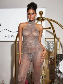 Embellishment | Jumpsuits & Romper*Nuo Fansi Siesen Turtleneck Cobweb Rhinestone Mesh Jumpsuit