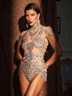 Bodysuits | Tops*Jiu Bajia O/S Simona High Neck Rhinestone Bodysuit