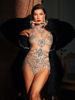 Bodysuits | Tops*Jiu Bajia O/S Simona High Neck Rhinestone Bodysuit