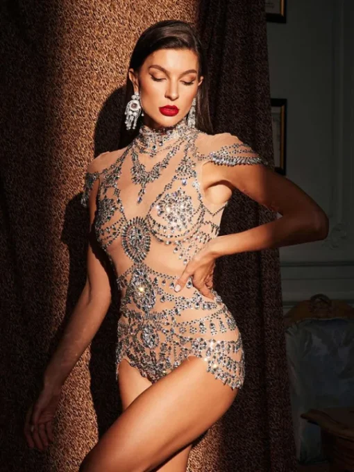 Bodysuits | Tops*Jiu Bajia O/S Simona High Neck Rhinestone Bodysuit
