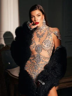 Bodysuits | Tops*Jiu Bajia O/S Simona High Neck Rhinestone Bodysuit