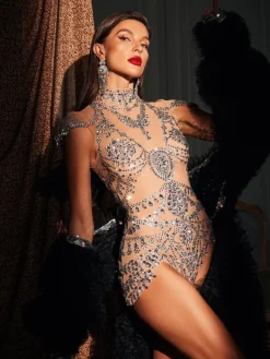 Bodysuits | Tops*Jiu Bajia O/S Simona High Neck Rhinestone Bodysuit