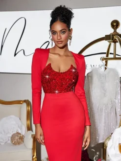 Dresses | Midi Dresses*Mew Mews Fashion Sweetie Long Sleeve Sequin Midi Dress In Red