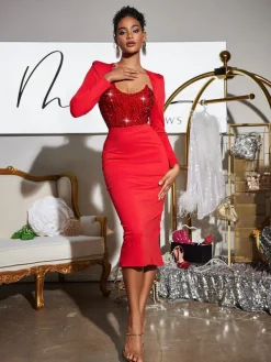 Dresses | Midi Dresses*Mew Mews Fashion Sweetie Long Sleeve Sequin Midi Dress In Red