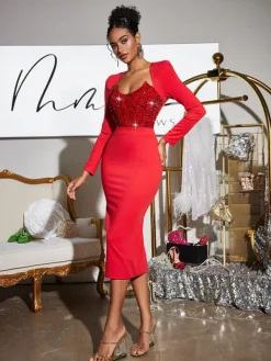 Dresses | Midi Dresses*Mew Mews Fashion Sweetie Long Sleeve Sequin Midi Dress In Red