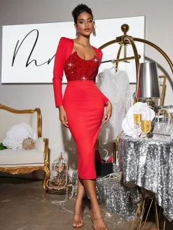 Dresses | Midi Dresses*Mew Mews Fashion Sweetie Long Sleeve Sequin Midi Dress In Red